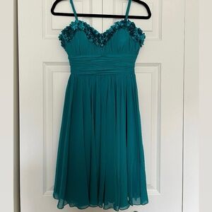 Teal Sleeveless Dress with Floral Accents